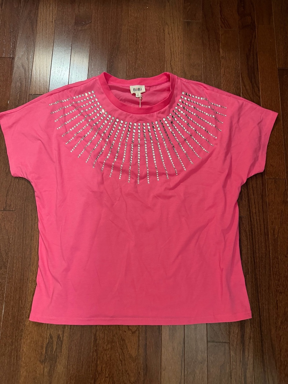 BiBi Bright Pink Short Sleeve Tee with Rhinestone Yoke